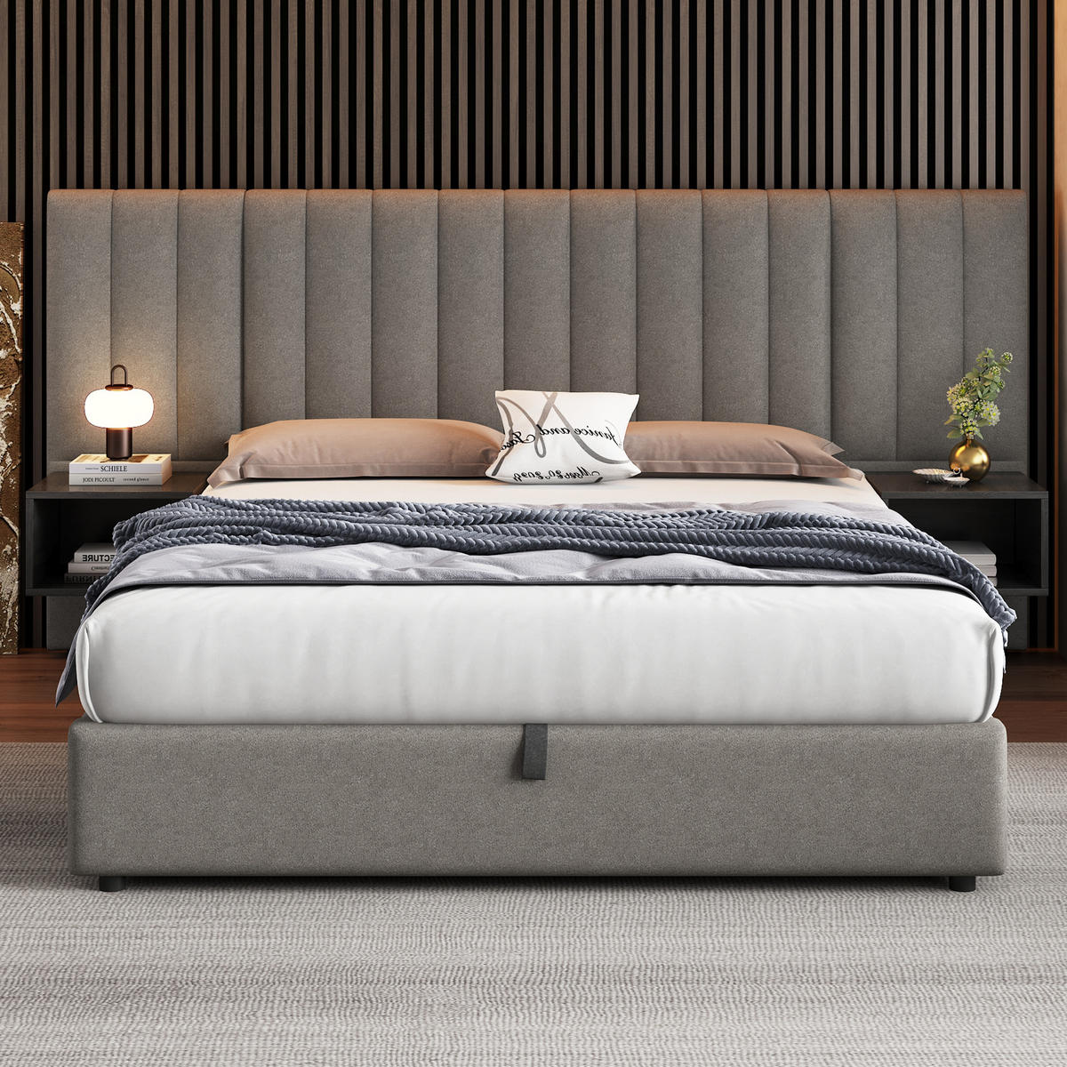POLSTERBETT 160/200 cm grau aus Leinen mit Hydraulik-Stauraum und 2 Nachttischen - Grau, Textil (160/200cm) - OKWISH