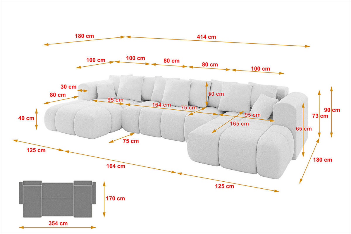 WOHNLANDSCHAFT Ottomane Links CLOUD-U-v1 414x180x40 Weiß Bouclé - Weiß, Holzwerkstoff/Kunststoff (414/90/180cm) - ALTDECOR