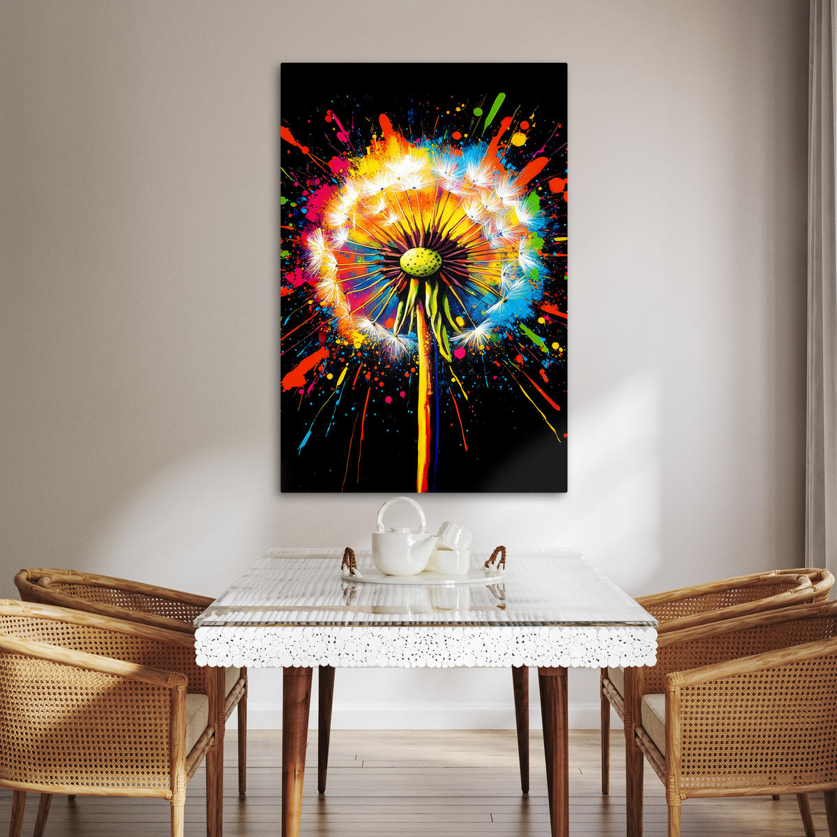 LEINWANDBILD Löwenzahn - Graffiti - Farbenfroh - Blumen - Natur 80x120 cm - Multicolor, Textil (80/120cm) - MuchoWow