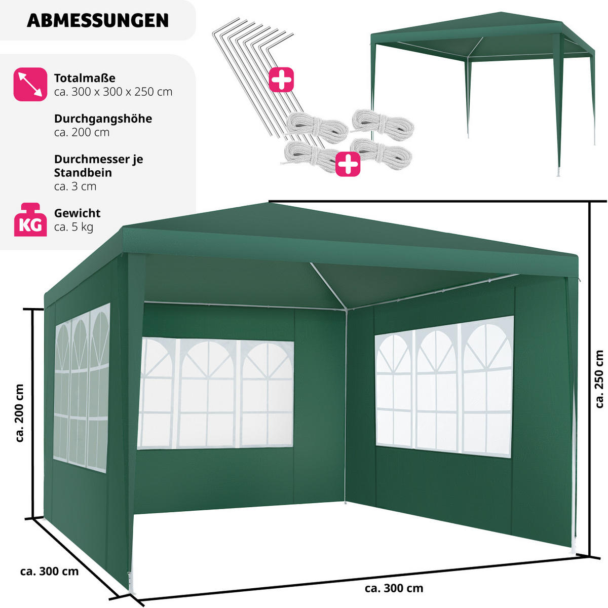 PAVILLON Baraban,inklusive Spannseile und Heringe,grün - Grün, Kunststoff (300/250/300cm) - tectake
