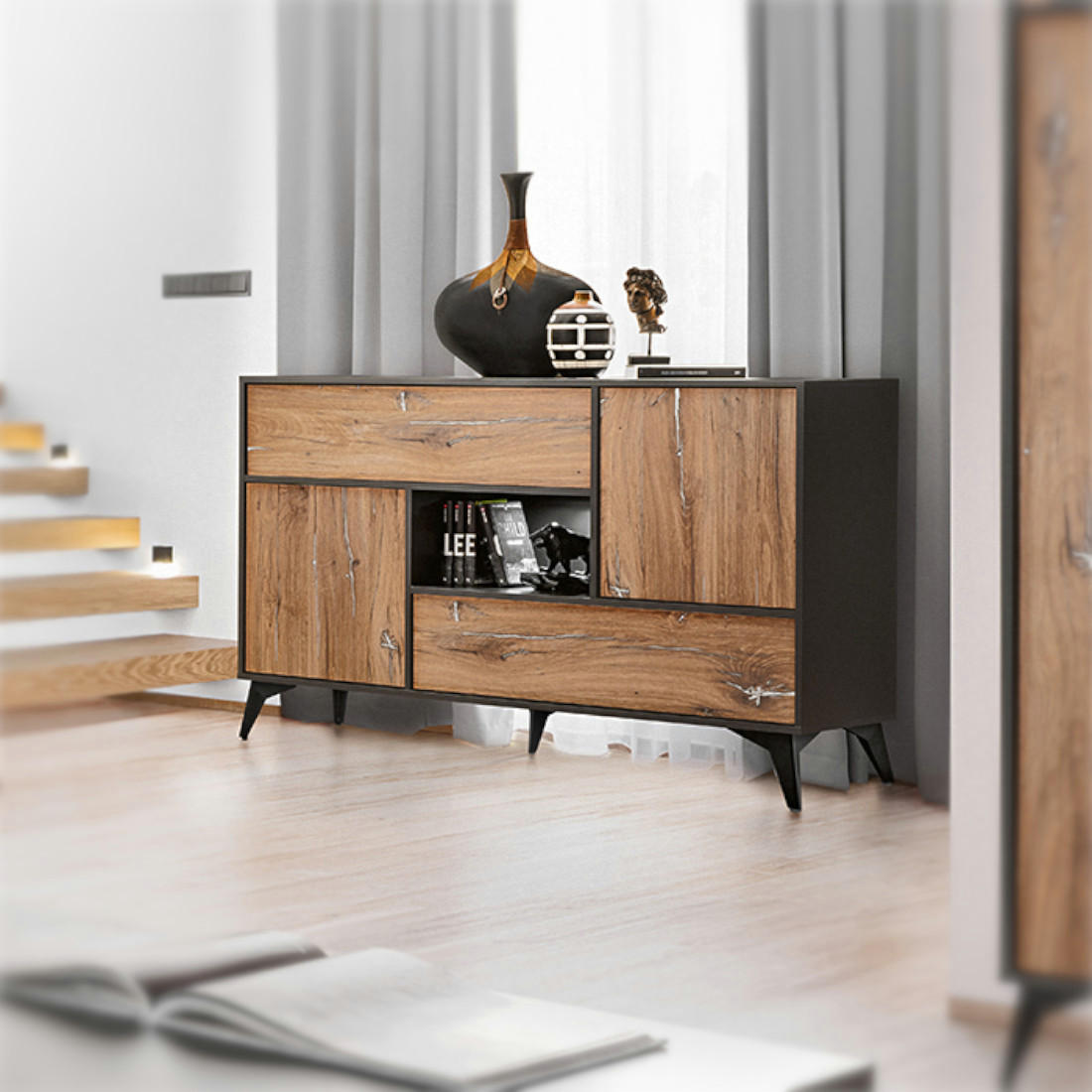 SIDEBOARD ORVIETO KOM4D, 4 Türen, 7 Schließfächer, Eiche, Anthrazit, Weiß LED Beleuchtung - Eichefarben/Anthrazit, Holzwerkstoff (149.5/89/40cm) - Komodee