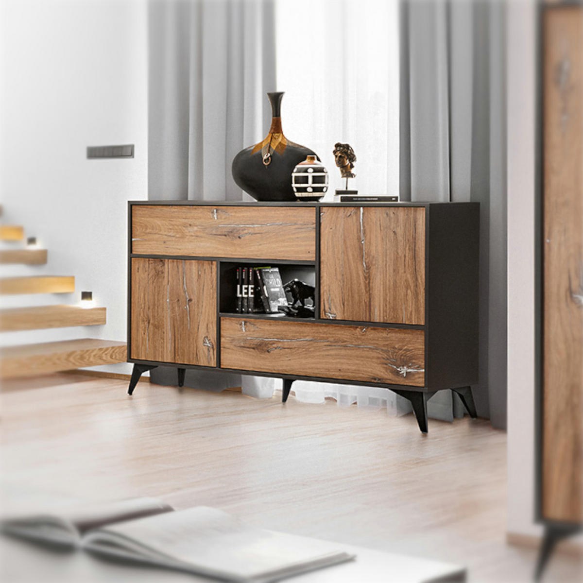 SIDEBOARD ORVIETO KOM4D, 4 Türen, 7 Schließfächer, Eiche, Anthrazit, Weiß LED Beleuchtung - Eichefarben/Anthrazit, Holzwerkstoff (149.5/89/40cm) - Komodee