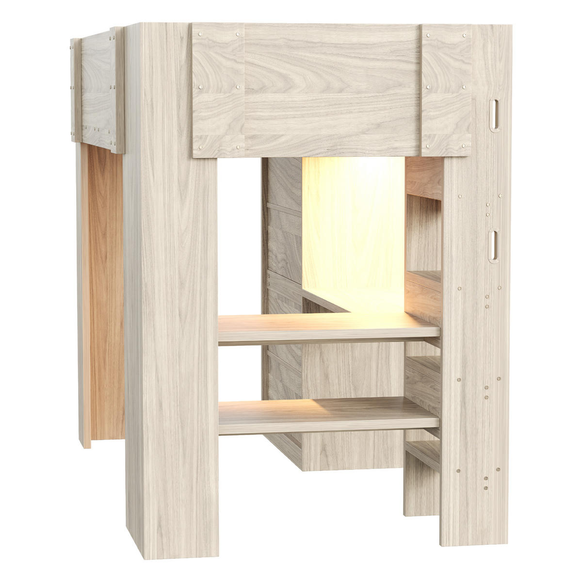 HOCHBETT 90/200 cm DE-01496, in Holzfarbe, mit Schreibtisch, Kleiderschrank, Regal und LED-Beleuchtung - Naturfarben, Holzwerkstoff (90/200cm) - ComfortXL