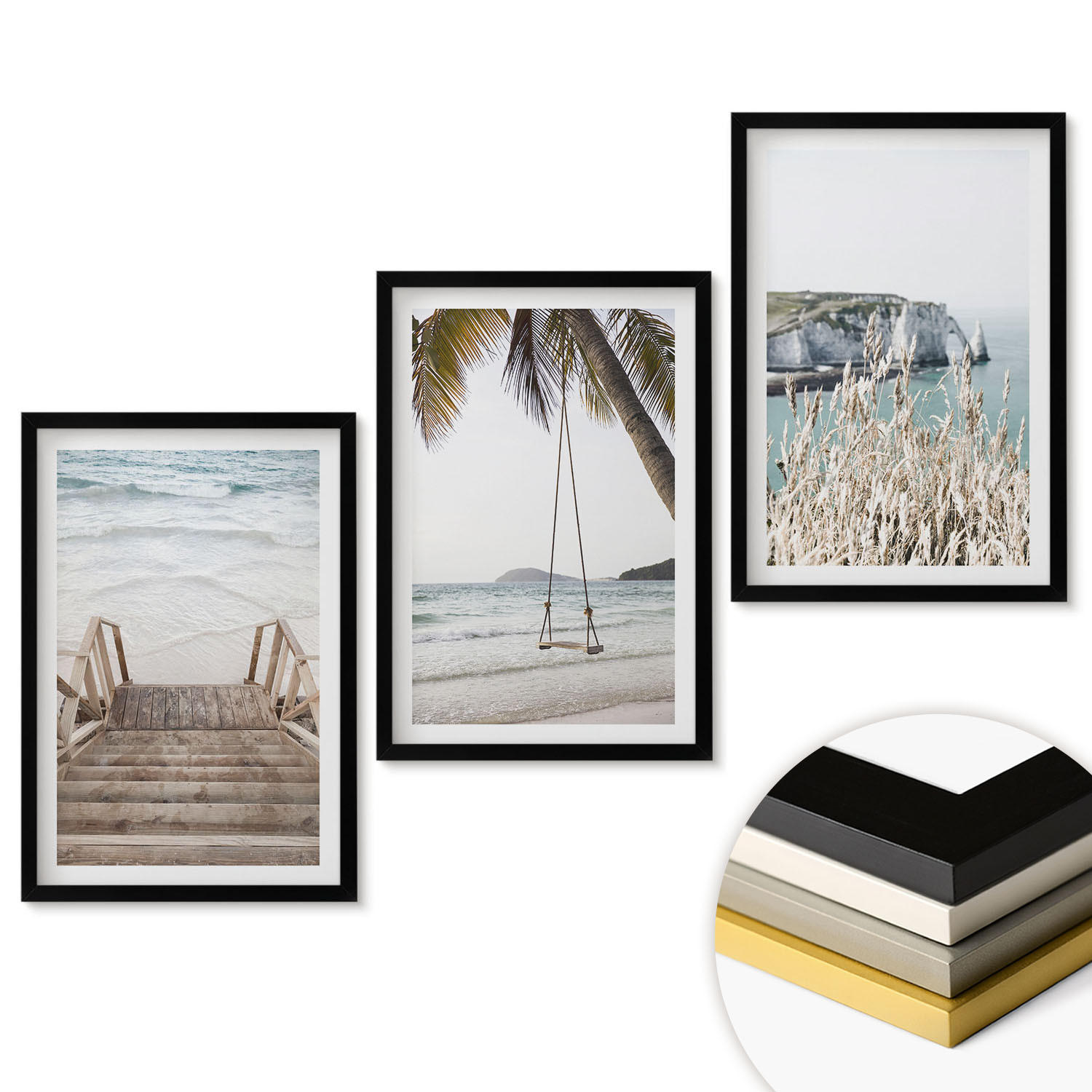 WANDBILDER 3er-Set - 40x60 cm Schwarzer Rahmen - Strandtreppe aus Holz, Schaukel - Schwarz, Kunststoff (40/60cm) - ArtPrintCave