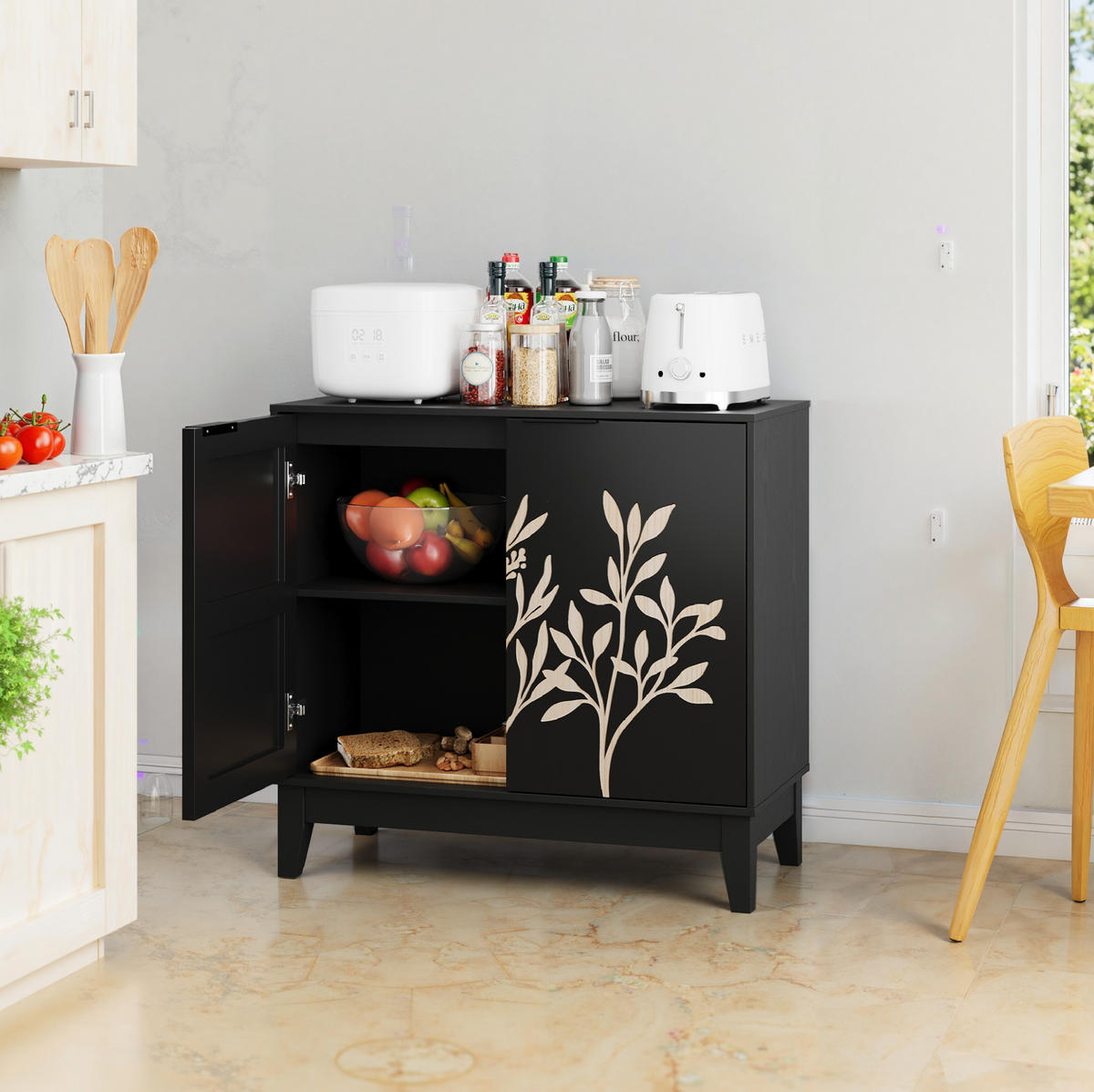 SIDEBOARD 80 cm mit 2 Türen und verstellbarem Einlegeboden, Blumenschnitzerei, Schwarz - Schwarz, Holzwerkstoff (80/76/38cm) - Redom