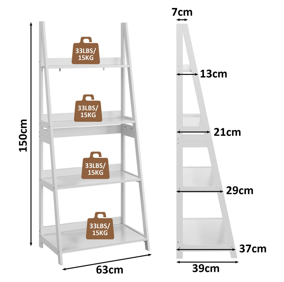 BÜCHERREGAL 4 Ebenen in Weiß – platzsparendes Bücherregal mit Kippschutz - Weiß, Holzwerkstoff (63/150/39cm) - BEAOK