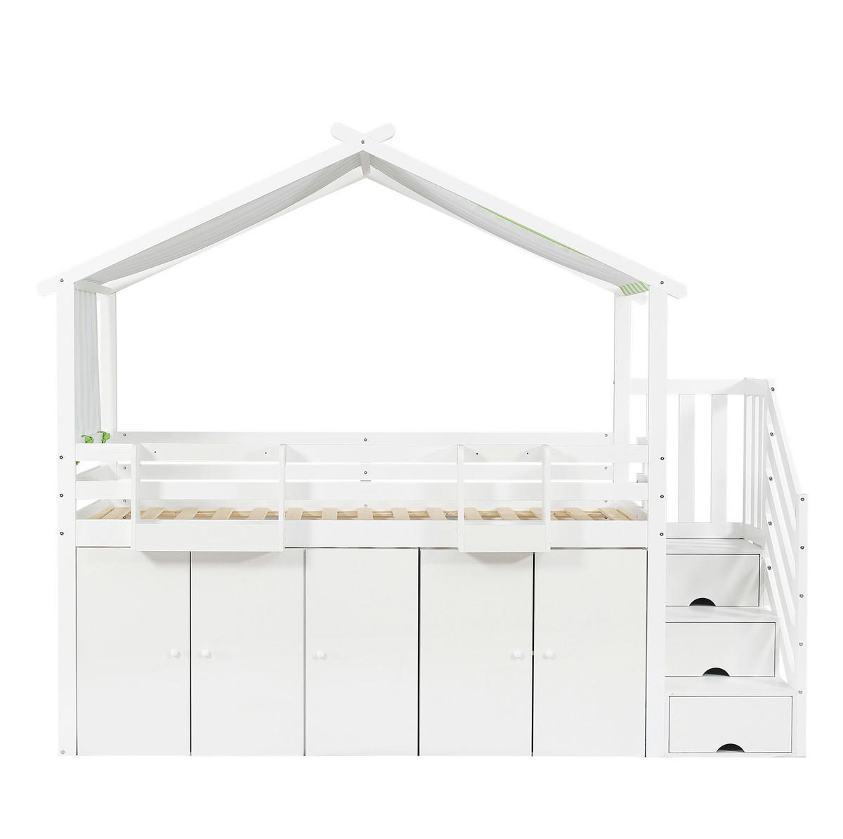 ETAGENBETT aus Kiefernholz, MDF und Sperrholz 90x200 cm Weiß/Grün mit Stauraumtreppe - Weiß, Holzwerkstoff (90/200cm) - IVMEU