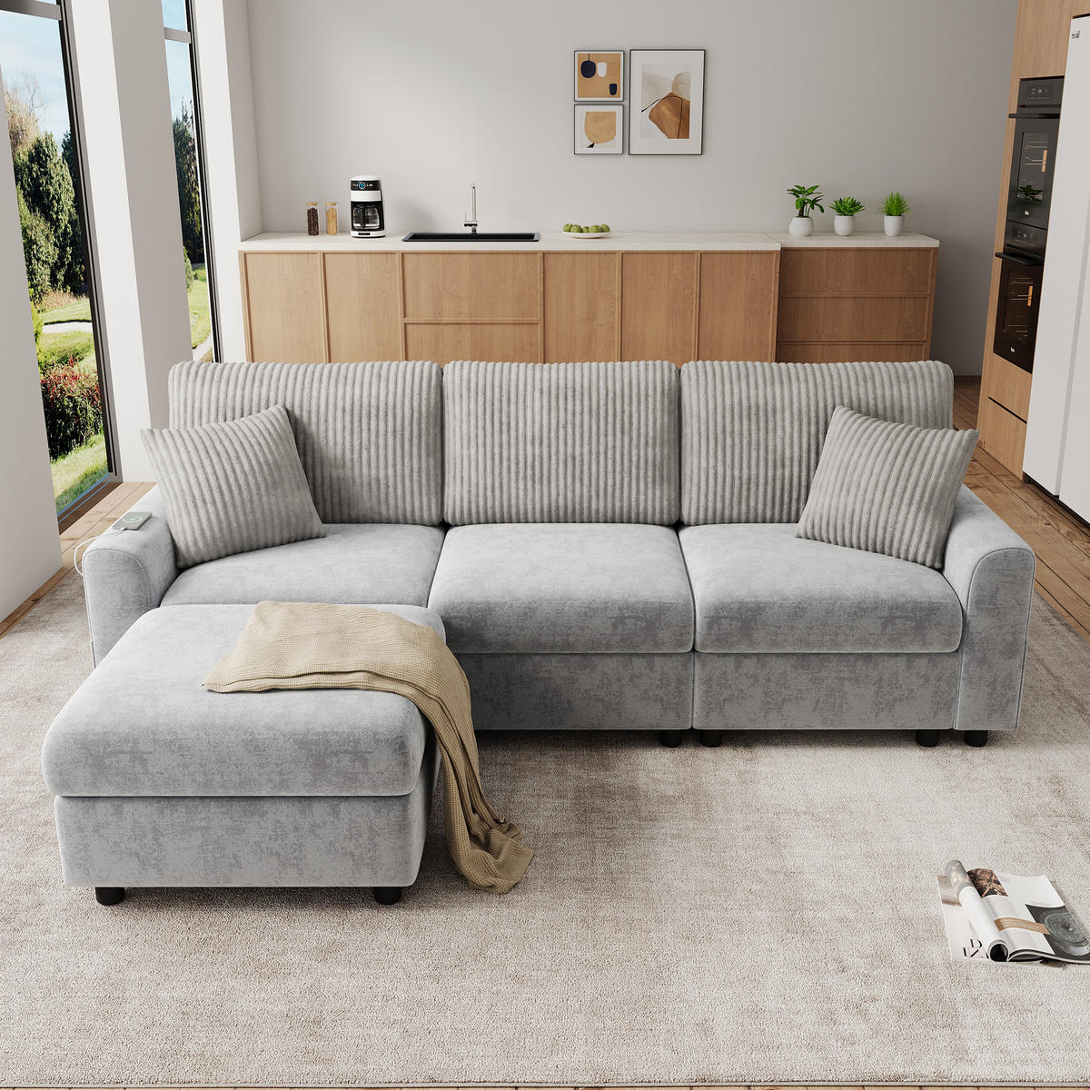 ECKSOFA 223/146/84 cm Grau mit 1 Fußhocker, 2 quadratischen Kissen, 1 USB-Anschluss und 1 Type-C-Anschluss - Grau, Textil (146/84/223cm) - Oxeza