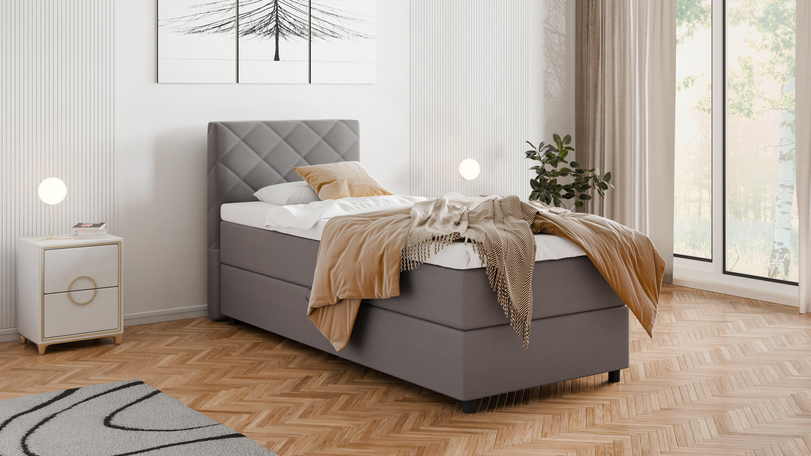 BOXBETT Diamaro 90x200 cm mit Bettkasten und Topper - Dunkelgrau - Grau, Holz (90/200cm) - Panda Möbel