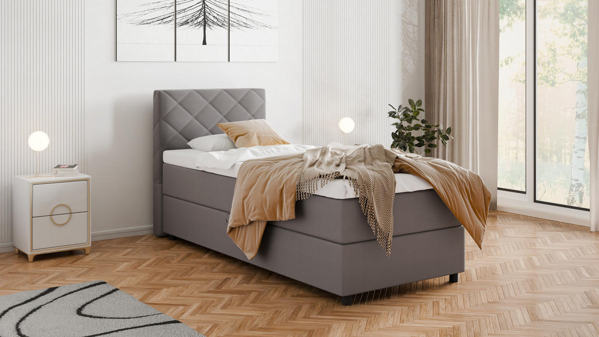 BOXBETT Diamaro 90x200 cm mit Bettkasten und Topper - Dunkelgrau - Grau, Holz (96/215cm) - Panda Möbel