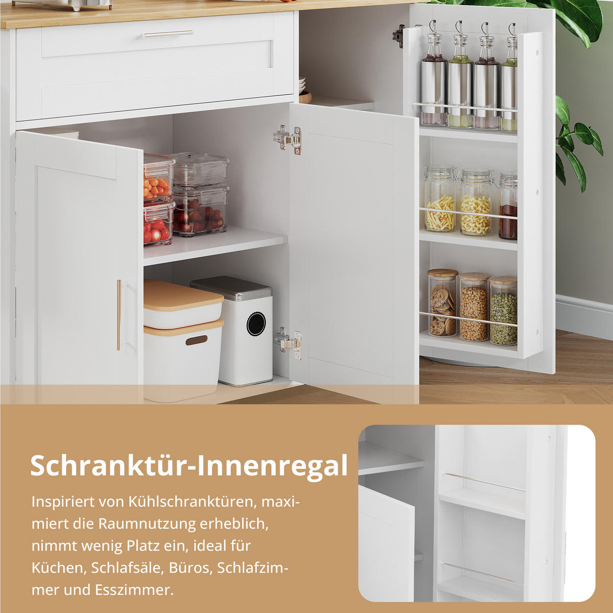 KÜCHENWAGEN 132.5x70x90cm Eiche Optik mit Klappplatte, Schublade & 5 Rollen - Weiß, Holzwerkstoff (132.5/90/70cm) - Modfu