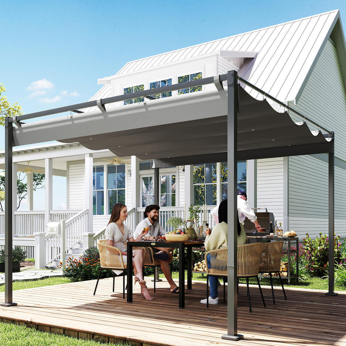 PERGOLA mit einziehbarem Dach Grau 298/297/221 cm - Grau, Metall (297/221/298cm) - Outsunny