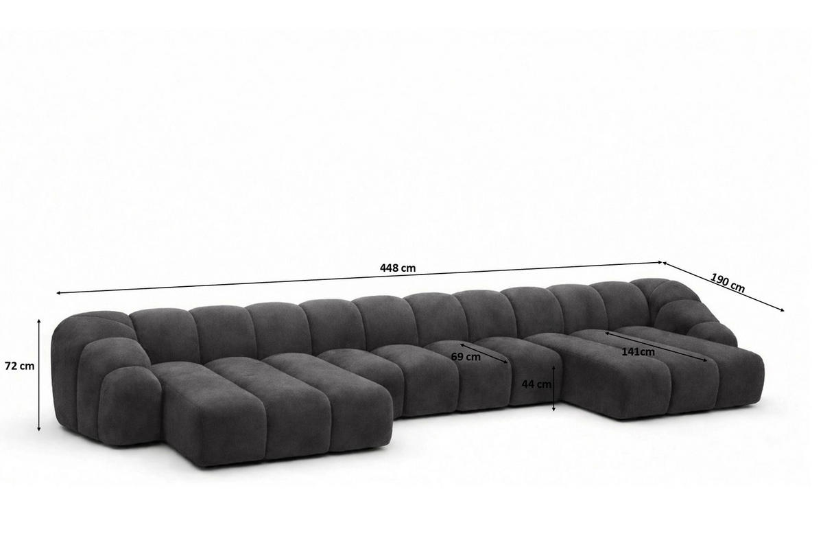 ECKSOFA Modulare U-Form, Veloursstoff Bluvel, Schwarz, CROISSANT U XL - Schwarz, Holz (448/72/190cm) - Kaiser Möbel