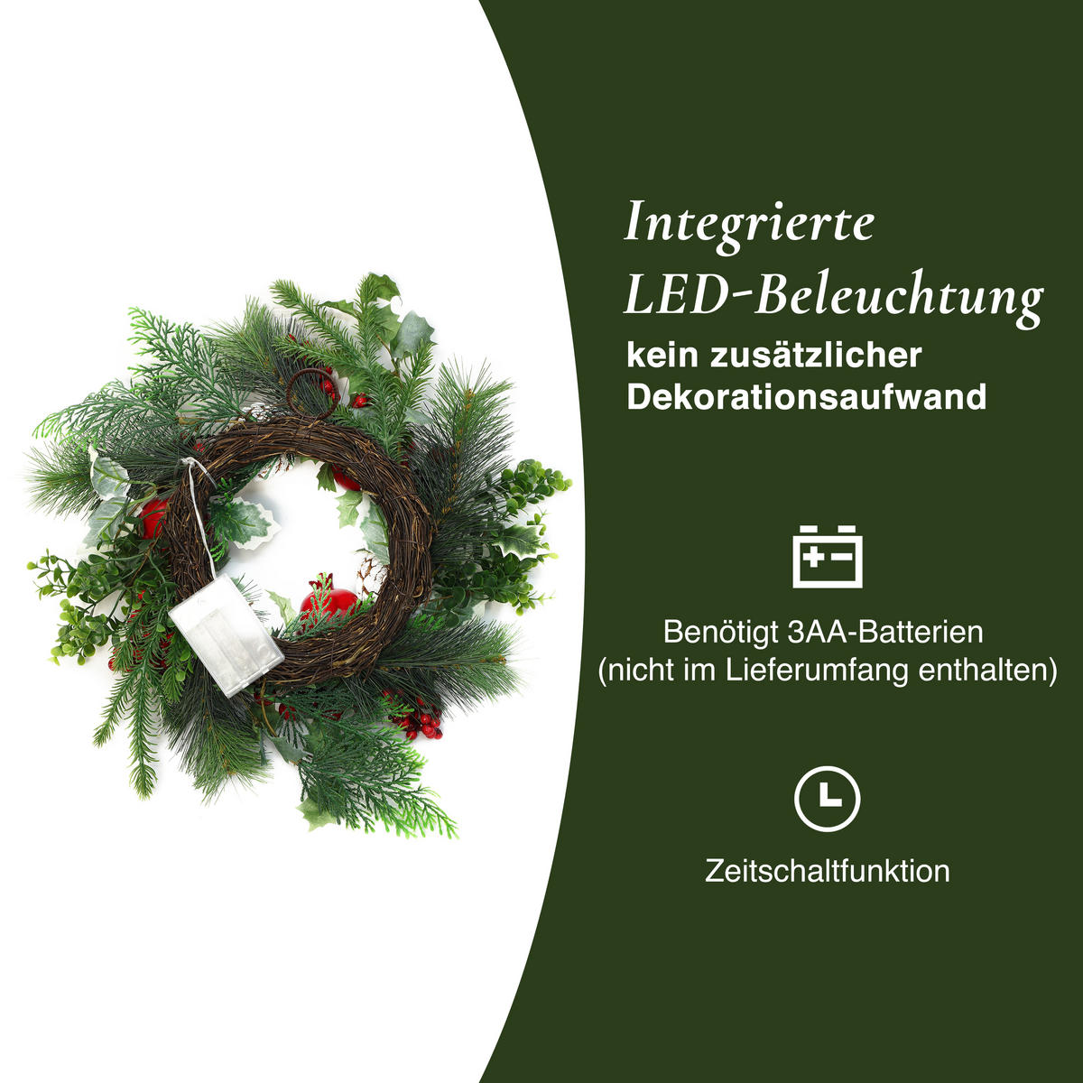 40CM Künstlicher Weihnachtskranz mit LED Beleuchtung & Timer - Grün, Kunststoff (44cm) - Hometopia