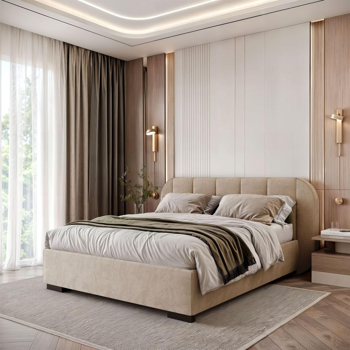 BETT AMARA 160x200 gepolstert mit Stauraum und Lattenrost, Royal Velvet 170 - Beige, Textil (160/200cm) - Lookway