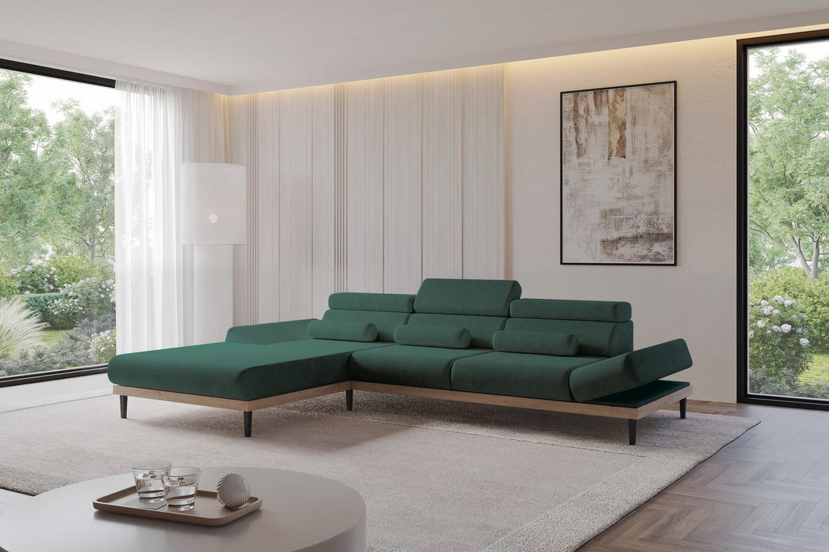 ELEKTRISCHES ECKSOFA Links MONA 316x205x85 Grün Velours - Dunkelgrün/Grün, Holzwerkstoff/Textil (316/205cm) - ALTDECOR