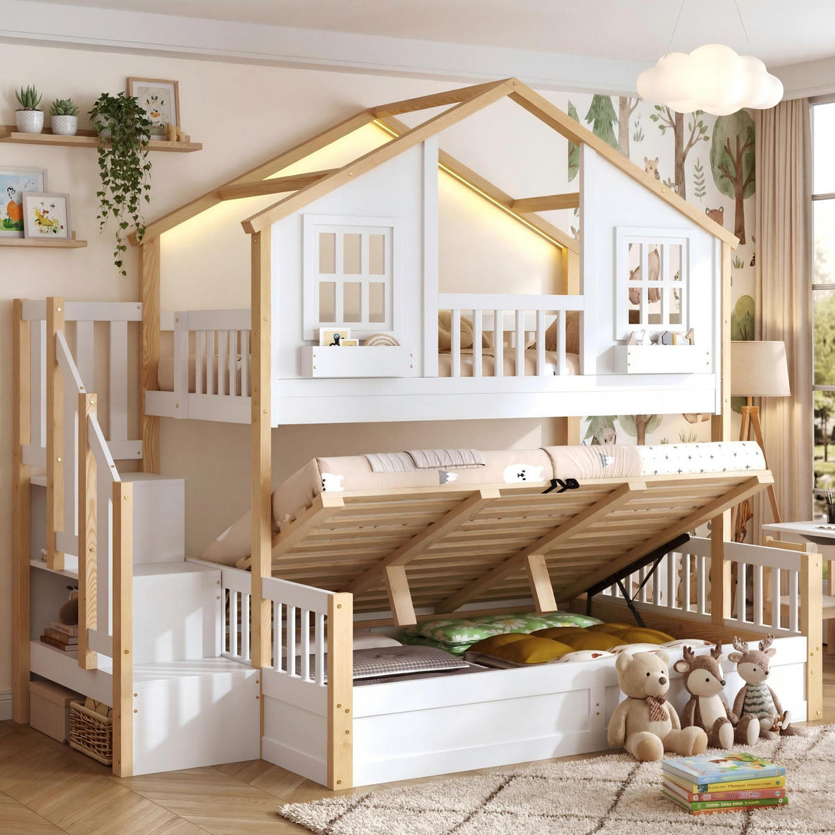 ETAGENBETT 90/200 cm & 140/200 cm in Weiß & Natur mit Stauraumtreppe und LED - Weiß/Naturfarben, Holzwerkstoff/Metall (140/200cm) - WISHDOR