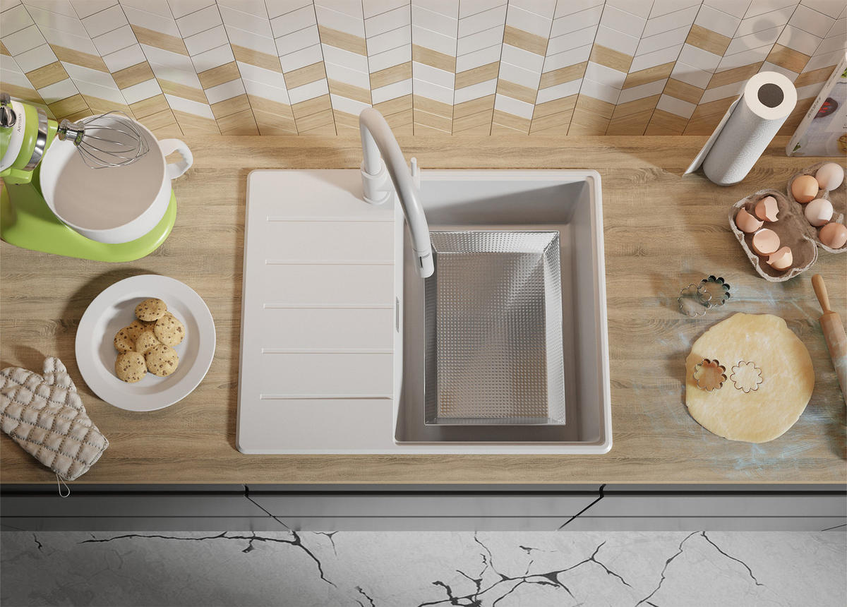 GRANITSPÜLE Kopenhagen, 2-er set Weiß 62/50 cm 1 Becken + Küchenarmatur 32/20 cm + Ablauf-Set + Schneidebrett ab 45er Unterschrank - Chromfarben/Beige, Kunststoff (62/20/50cm) - Primagran