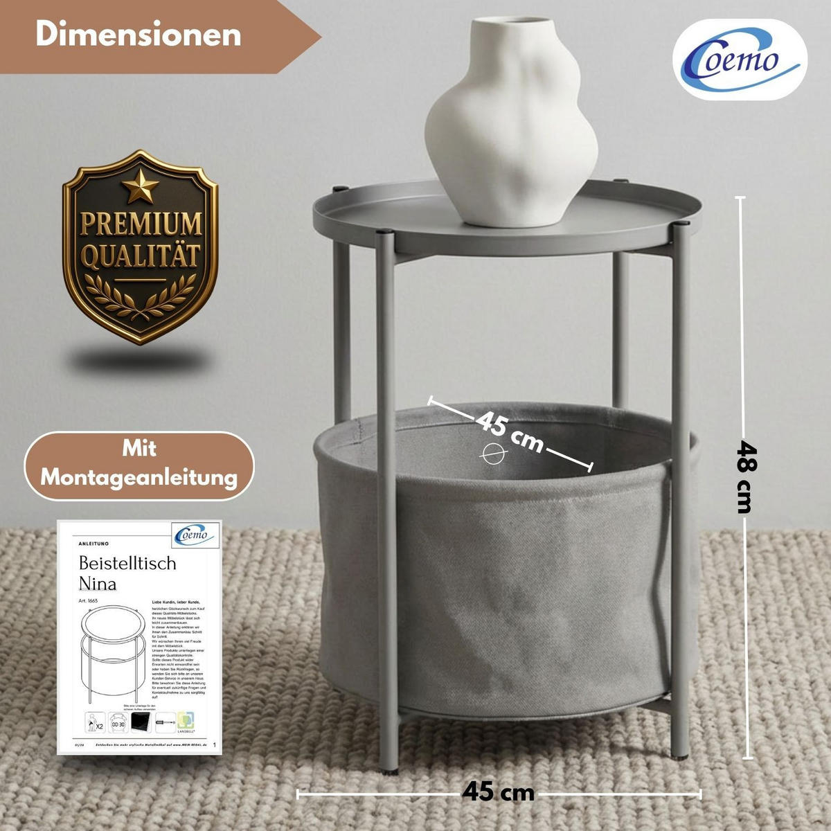 COUCHTISCH NINA Metall mit Aufbewahrungskorb Canvas Grau - Grau, Metall (45/45/48cm) - Coemo