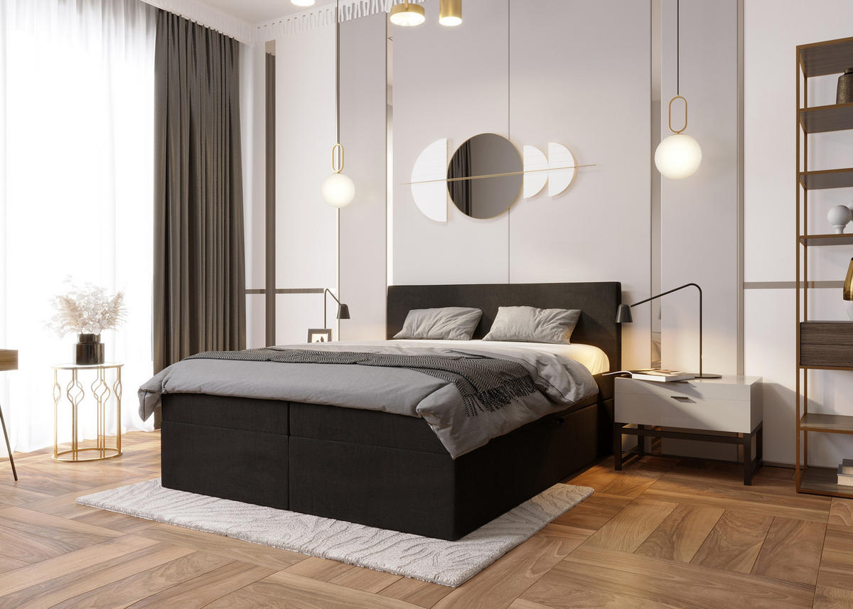 BOXBETT Havana Schwarz 140x200 cm Bettkasten + Topper - Schwarz, Holz/Textil (140/200cm) - Comfortic