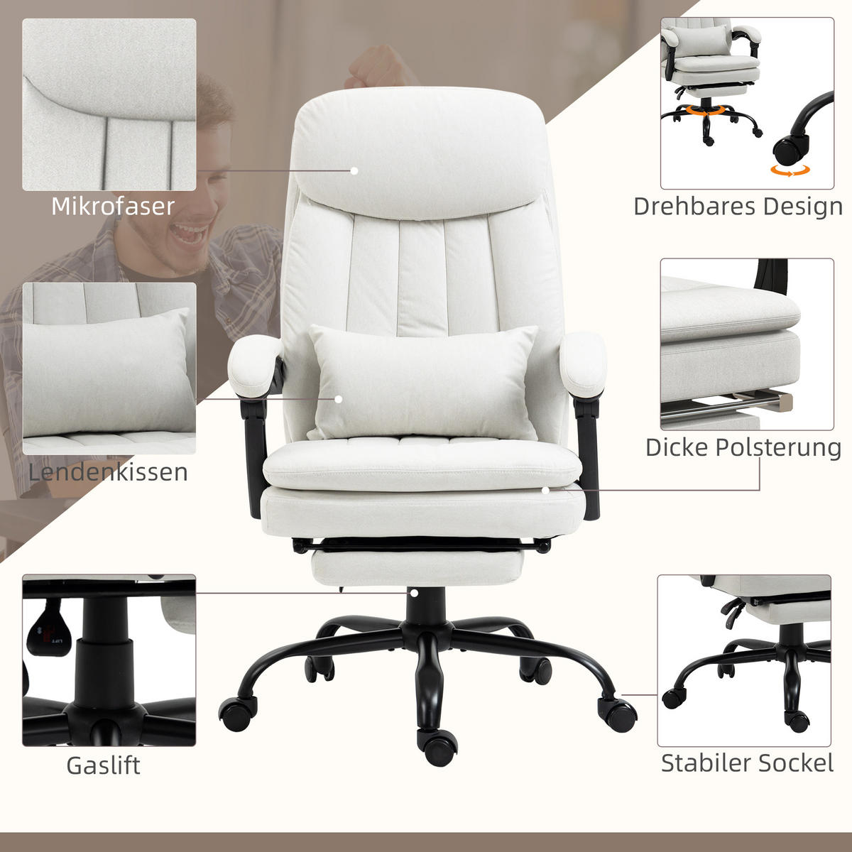 BÜROSTUHL mit Massagefunktion, Creme - Weiß, Kunststoff (67/118/66cm) - Vinsetto