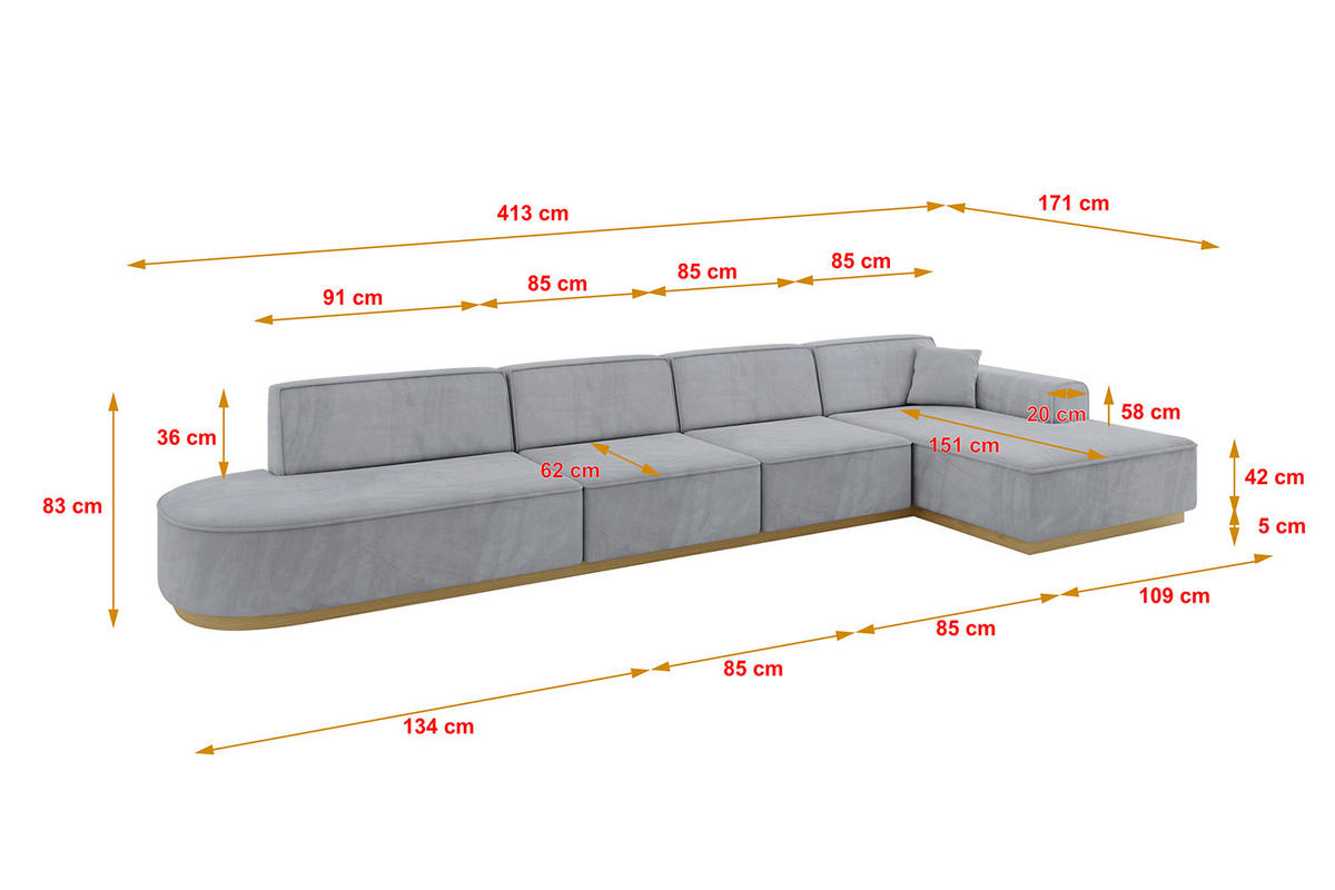 ECKSOFA Ottomane Rechts IREA-L3-v2 - 413x171x83 cm Grau - Titanfarben, Holzwerkstoff/Textil (171/413cm) - ALTDECOR
