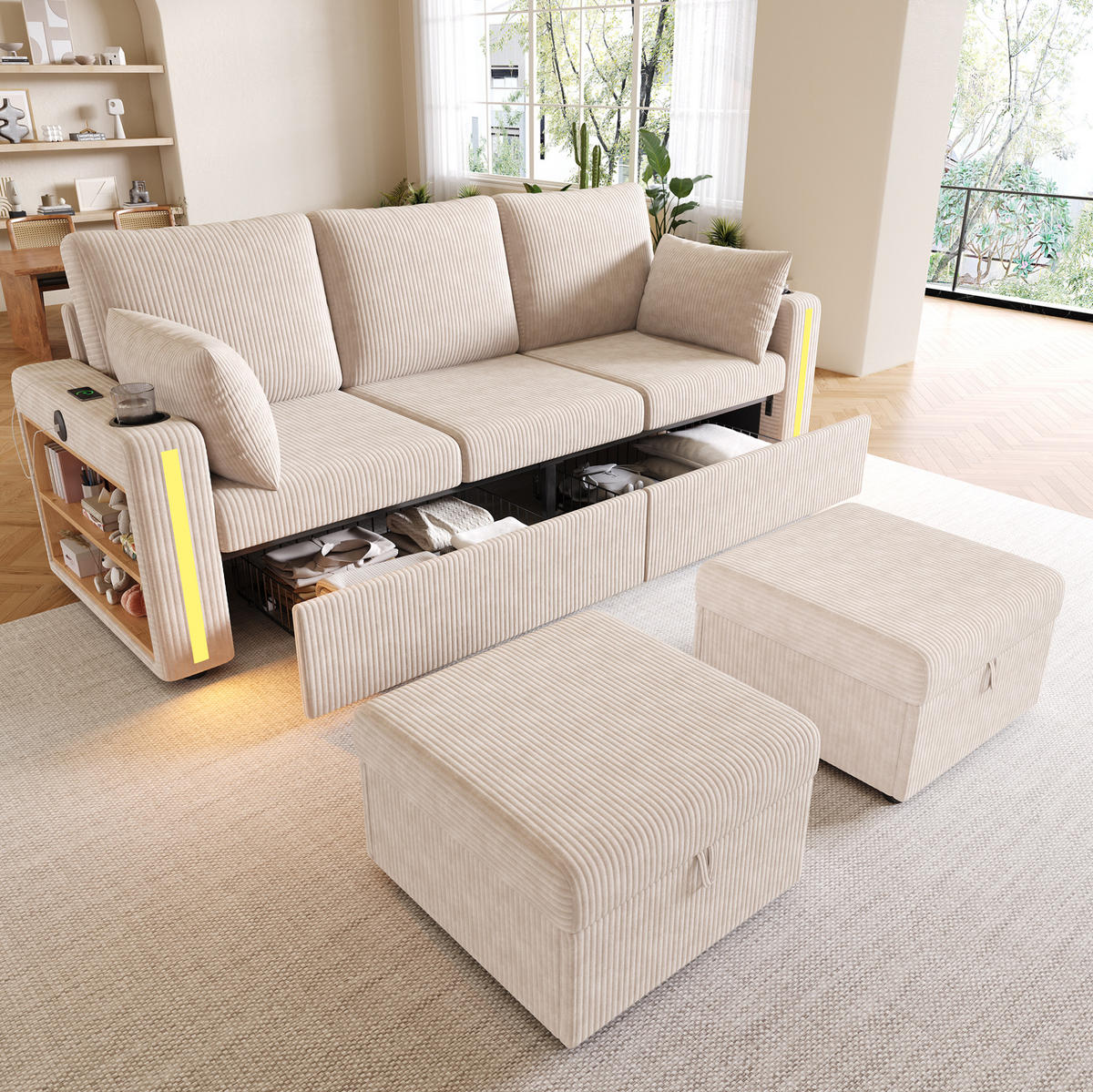 SOFA modulares U-/L-Form 190 x 130 x 85 cm Cord Beige 2 Hocker - Beige, Holz (130/85/190cm) - Meubliv