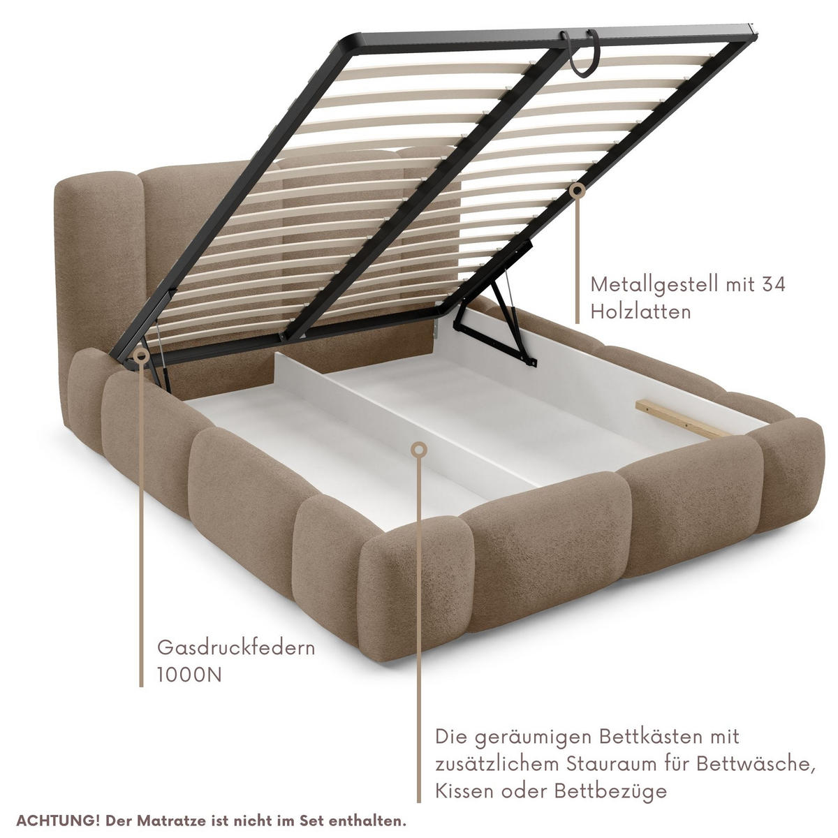 POLSTERBETT BLANCO mit Bettkasten, Bett 180x200, Doppelbett mit Stauraum und Lattenrost, ohne Matratze, Schlafzimmer - Taupe - Taupe, Holz/Textil (180/200cm) - Furnistar