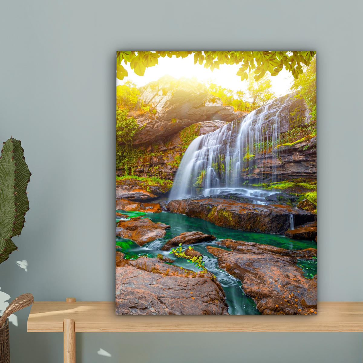 LEINWANDBILD Natur - Wasserfall - Pflanzen - Bäume - Sonne Room Decor 30x40 cm - Olivgrün, Textil (30/40cm) - MuchoWow