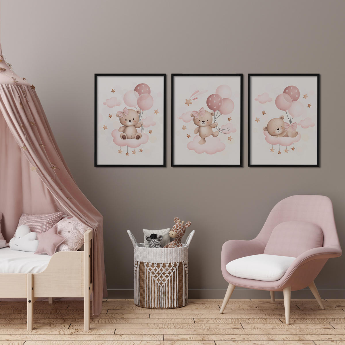 SADA PLAGÁTOV Do Detskej Izby Mackovia Balóny Oblaky A3 30 x 42 cm - biela/ružová, papier (30/42/1cm) - Muralo