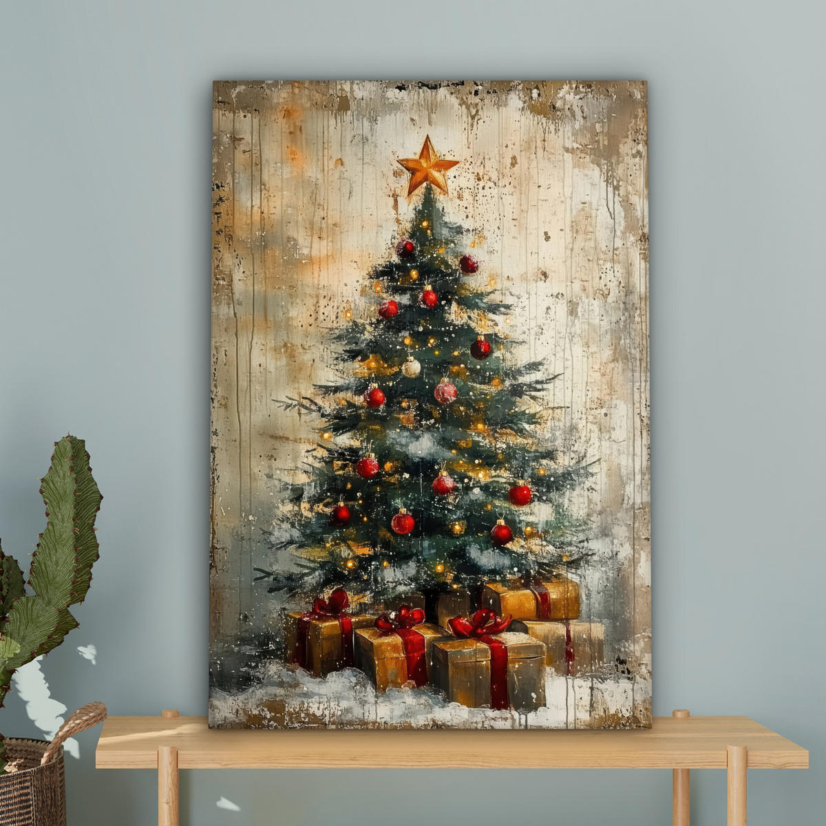LEINWANDBILD Weihnachtsbaum - Vintage - Weihnachten - Geschenk Wanddeko Schlafzimmer 60x90 cm - Rostfarben, Textil (60/90cm) - MuchoWow