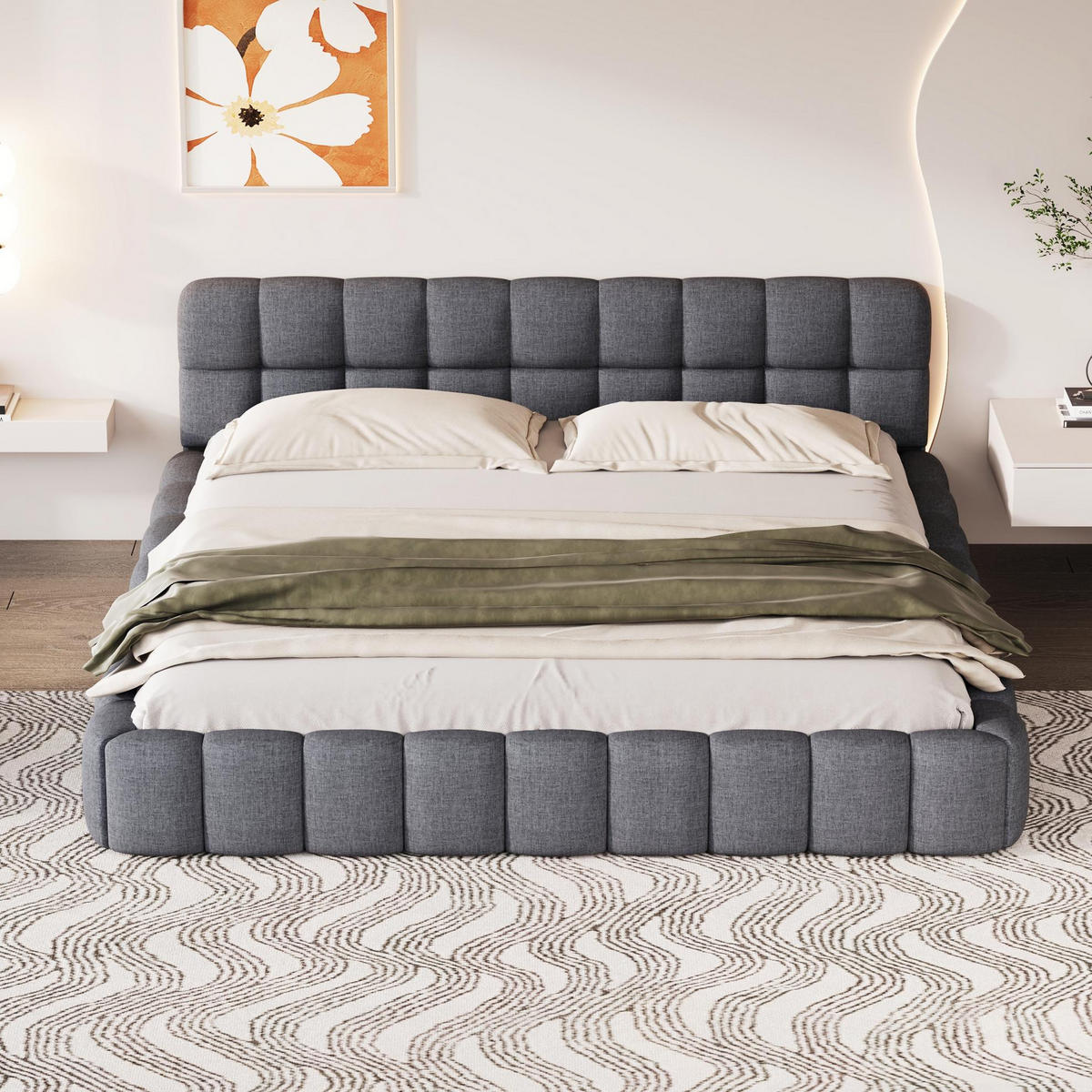 POLSTERBETT 160/200cm, mit Kopfteil in Form von Marshmallows, lattenrost, Doppelbett aus Leinen - Grau - Grau, Textil (160/200cm) - Waldena