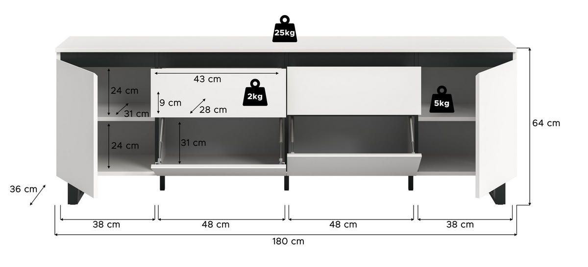 LOWBOARD TOMASA (B/H/T: ca. 188/65/36 cm) in weiß/weiß - Weiß, Holzwerkstoff (188/65/36cm)