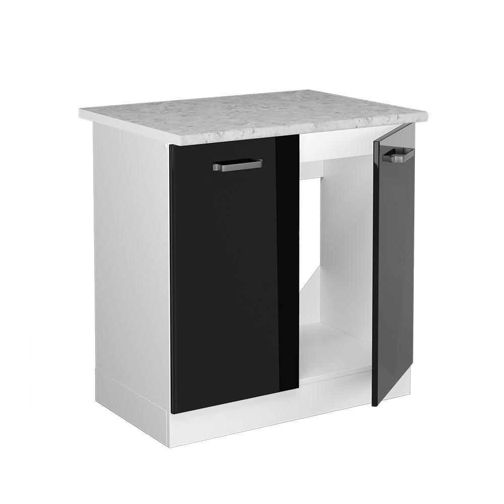 SPÜLENUNTERSCHRANK KÜCHENSCHRANK R-Line Schwarz Hochglanz 80 cm, AP Marmor - Schwarz Hochglanz/Schwarz, Holzwerkstoff (80/81.6/60cm) - Vicco