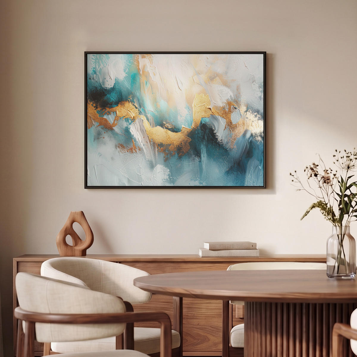 LEINWAND Bilder mit Rahmen - Abstrakt - Kunst - Gold - Blau - 70x50 - Petrol, Textil (70/50cm) - MuchoWow
