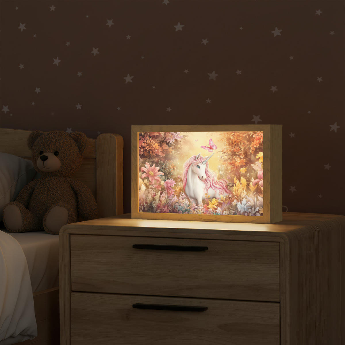 NÁSTĚNNÁ LAMPA Jednorožec - Květiny - Motýl - Růžová 30x20 cm - béžová, kompozitní dřevo (30/20/8cm) - OnlyWow