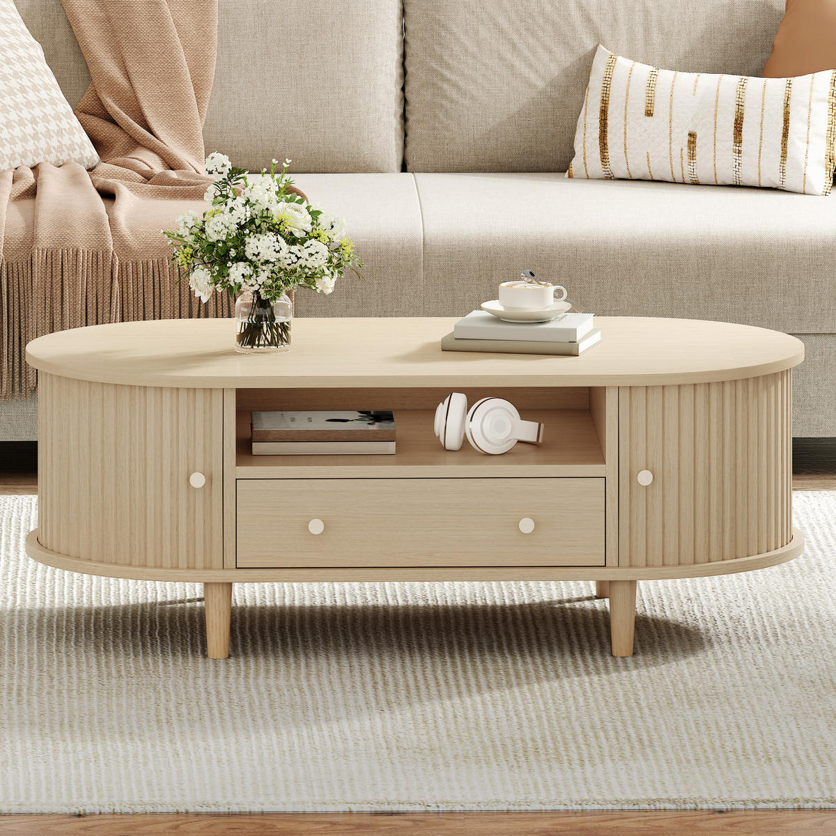 COUCHTISCH 100/50/36 cm holzfarben aus MDF mit Schublade und Rolltür - Eichefarben, Holzwerkstoff (100/50/36cm) - OKWISH