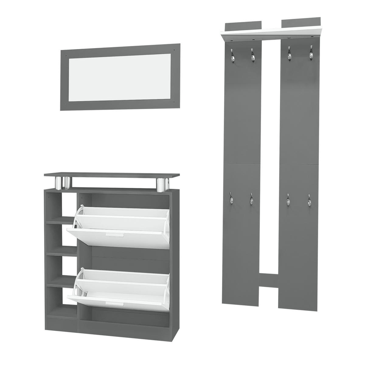 WANDGARDEROBE 80/25/96,5 cm mit 8 Haken, Spiegel und Schuhschrank in Grau/Weiß - Weiß, Holzwerkstoff (80/96/25cm) - BEAOK