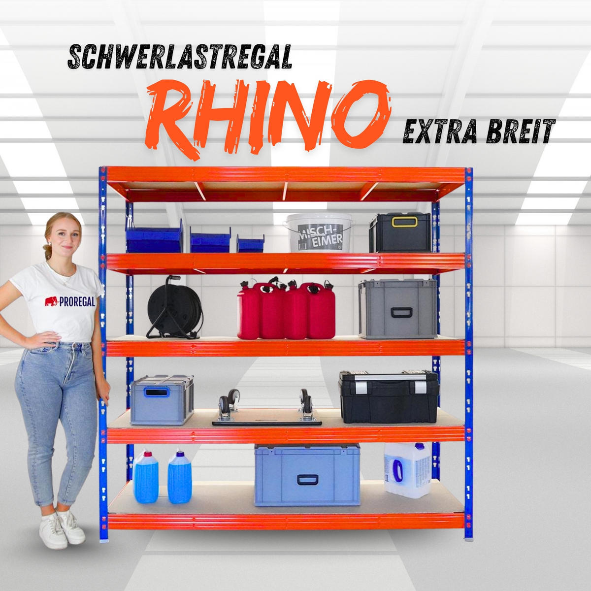 SCHWERLASTREGAL Rhino 200x200x60 cm 5 Spanplatten-Ebenen 8mm Fachlast 500 kg Blau/Orange - Blau/Orange, Metall (200/200/60cm) - PROREGAL
