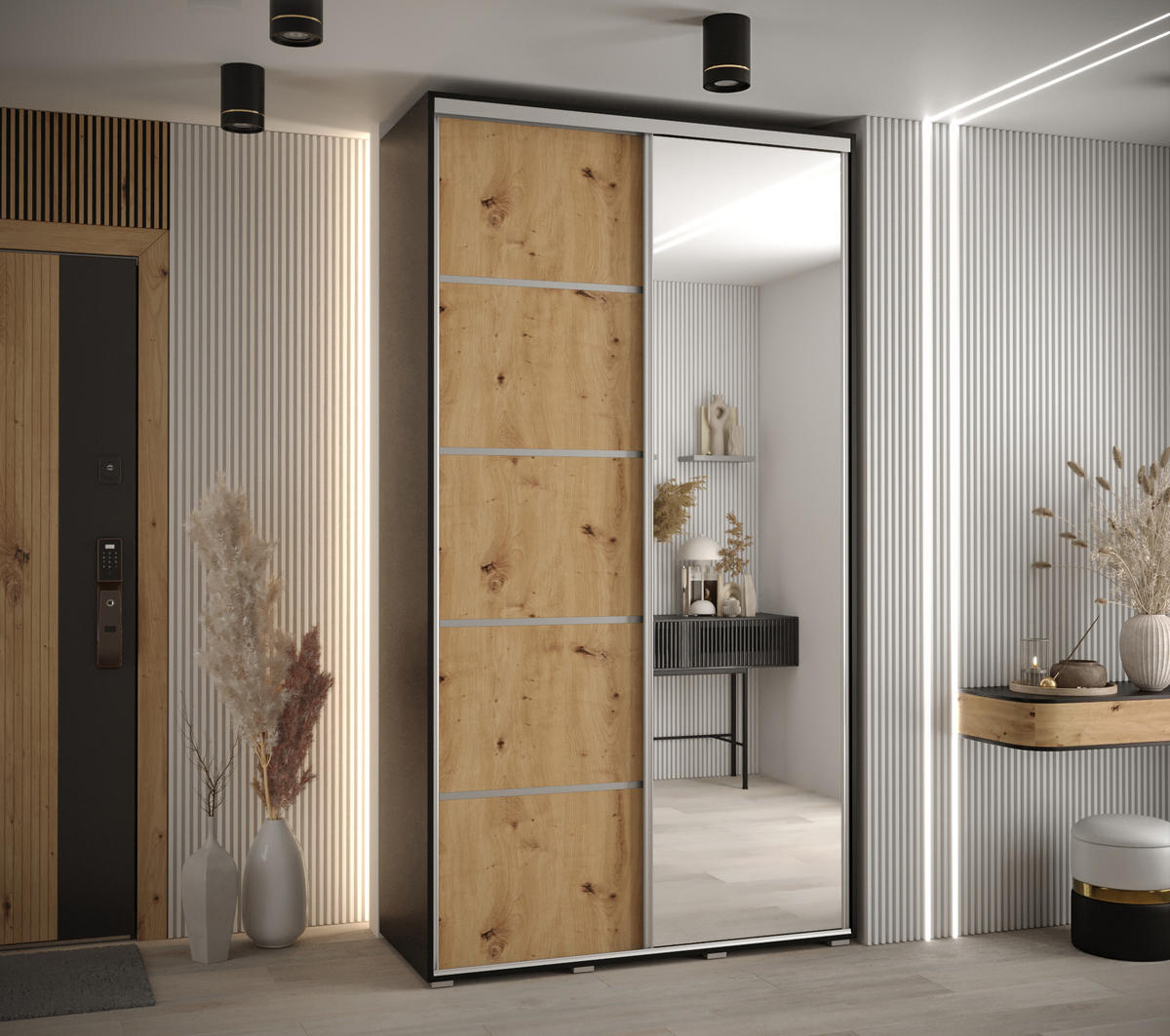 SCHWEBETÜRENSCHRANK 235,2/140/45 2-türig - Silberfarben/Schwarz, Holz/Metall (140/235/45cm) - Abiks Möbel