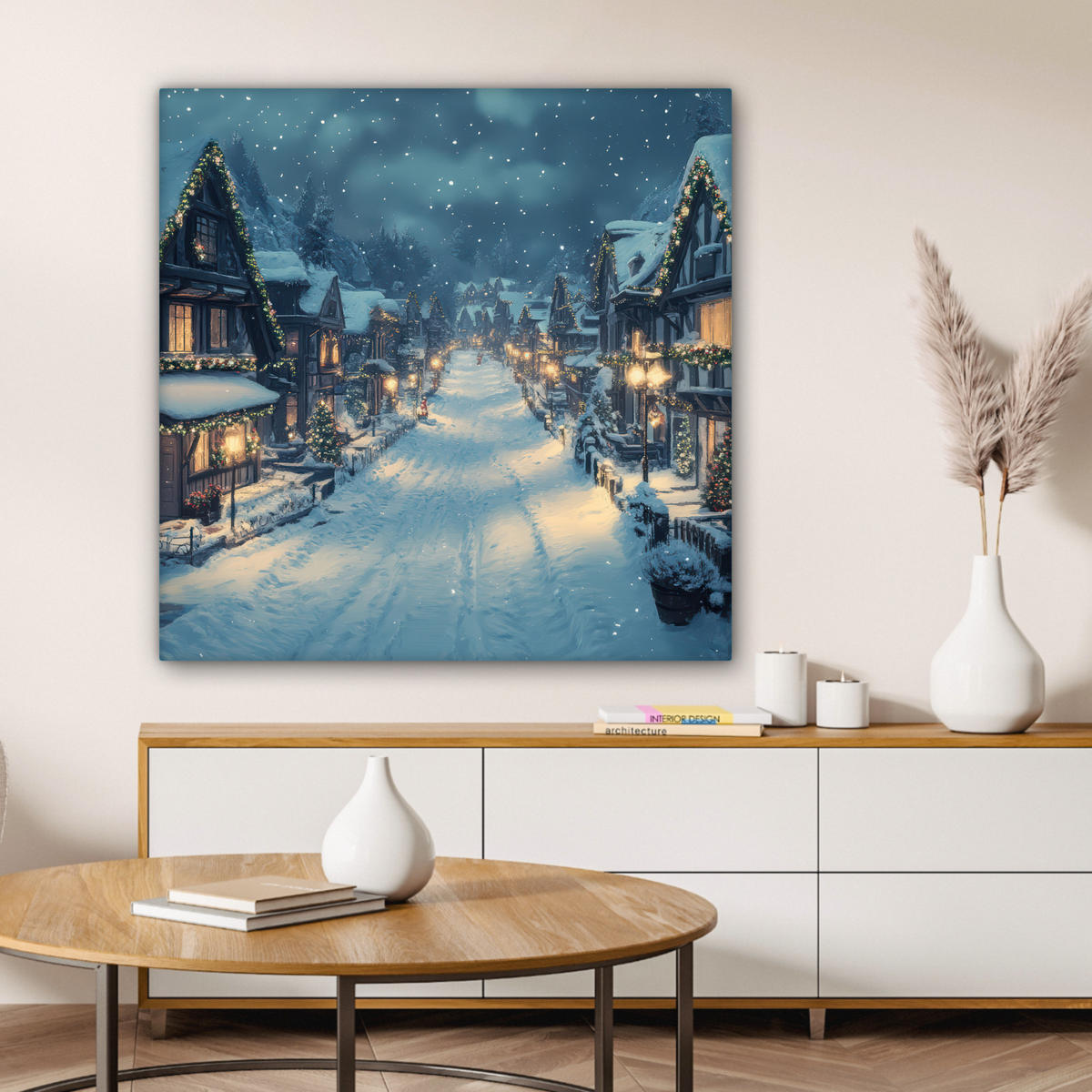 LEINWANDBILD Weihnachtsdorf - Weihnachten - Schnee - Winter 90x90 cm - Dunkelblau, Textil (90/90cm) - MuchoWow