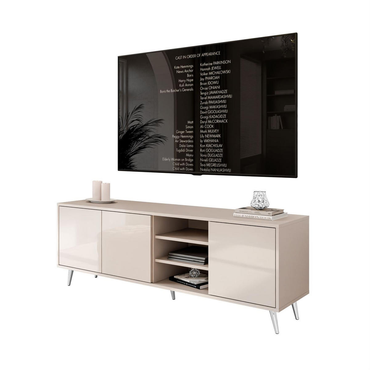 TV-SCHRANK SANAYI Kaschmir Hochglanz – schräge silberne Beine - Kaschmir, Holzwerkstoff (156/54/38cm) - Lookway