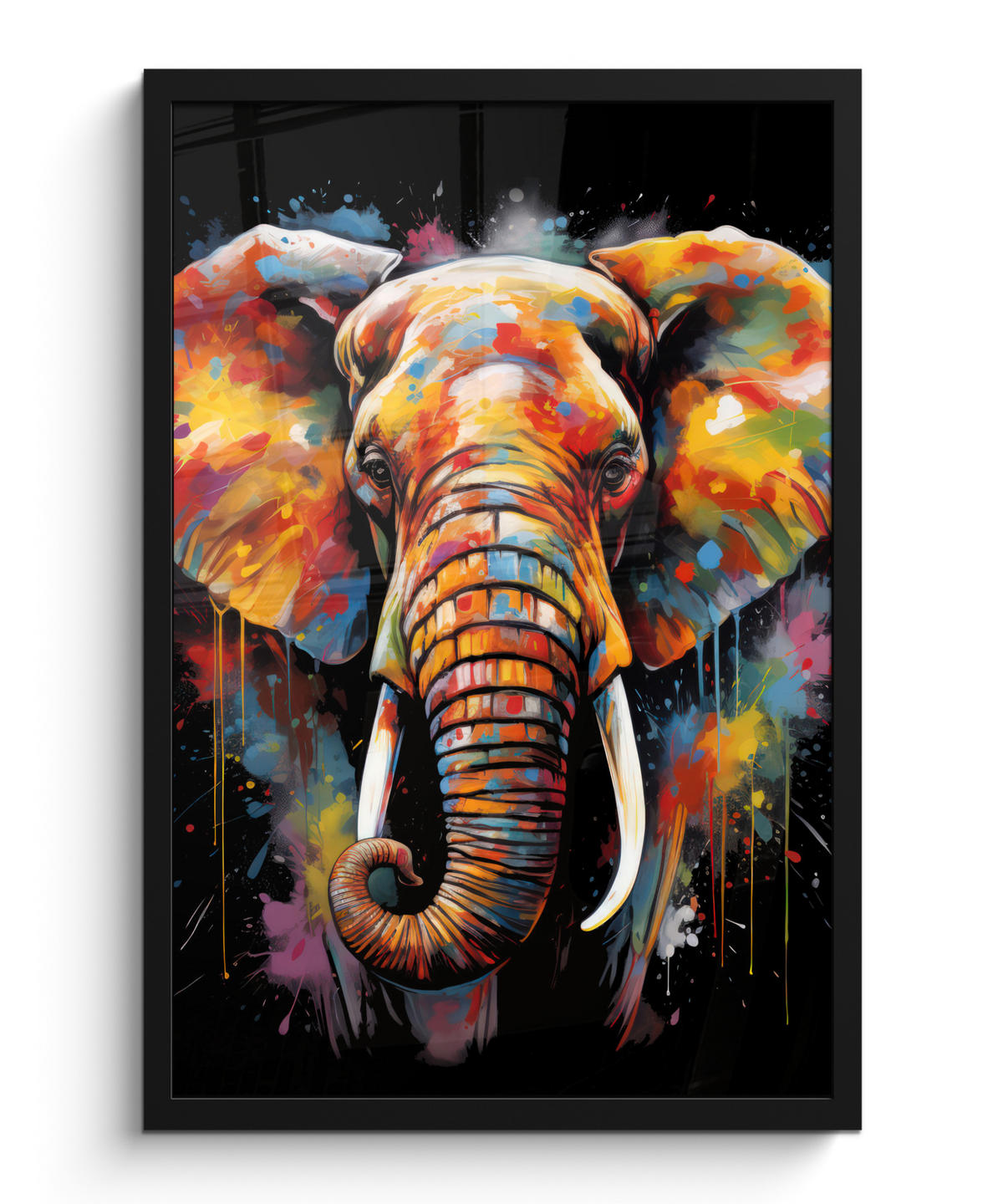 GERAHMTES BILD Elefant - Graffiti - Schwarz - Tiere - Farben 40x60 cm - Schwarz, Papier (40/60cm) - MuchoWow