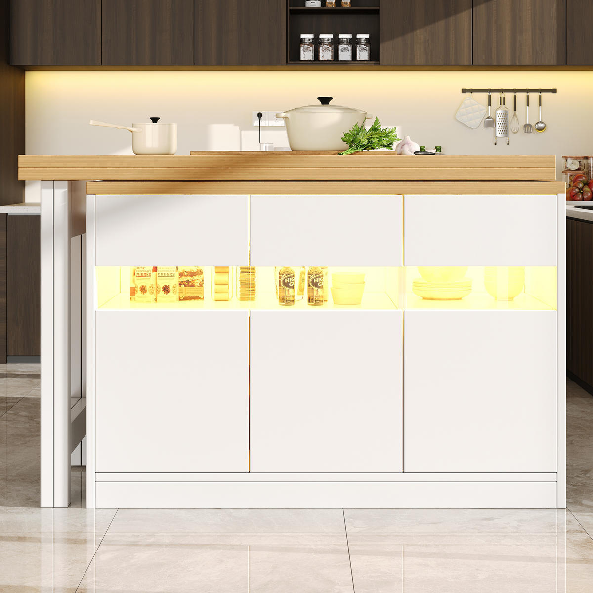 BAROVÝ PULT OTOČNÝ 360° 120-180cm LED ÚLOŽNÝ PROSTOR BÍLÝ - bílá, kompozitní dřevo (40/120/75.8cm) - FLIEKS