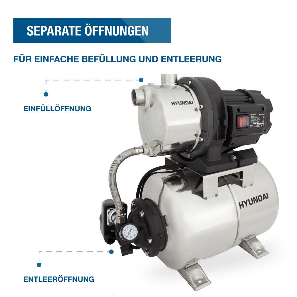 HAUSWASSERWERK HWW12050-IN (1200W, INOX-Kessel, 5.000 l/h, Förderhöhe max. 50m, Ansaughöhe max. 8m) - Silberfarben, Metall (27.5/51.4/48.1cm) - HYUNDAI