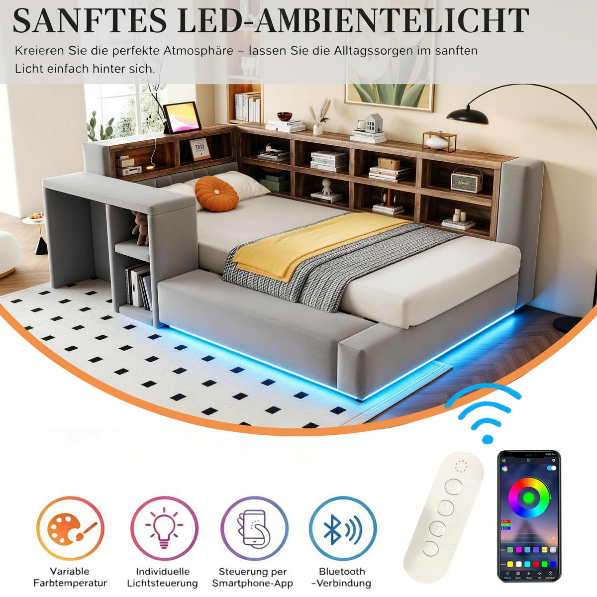 POLSTERBETT 90/200 cm in Dunkelgrau Samt mit Stauraum, LED, Steckdosen und Beistelltisch - Grau, Holzwerkstoff/Textil (90/200cm) - STILVORA