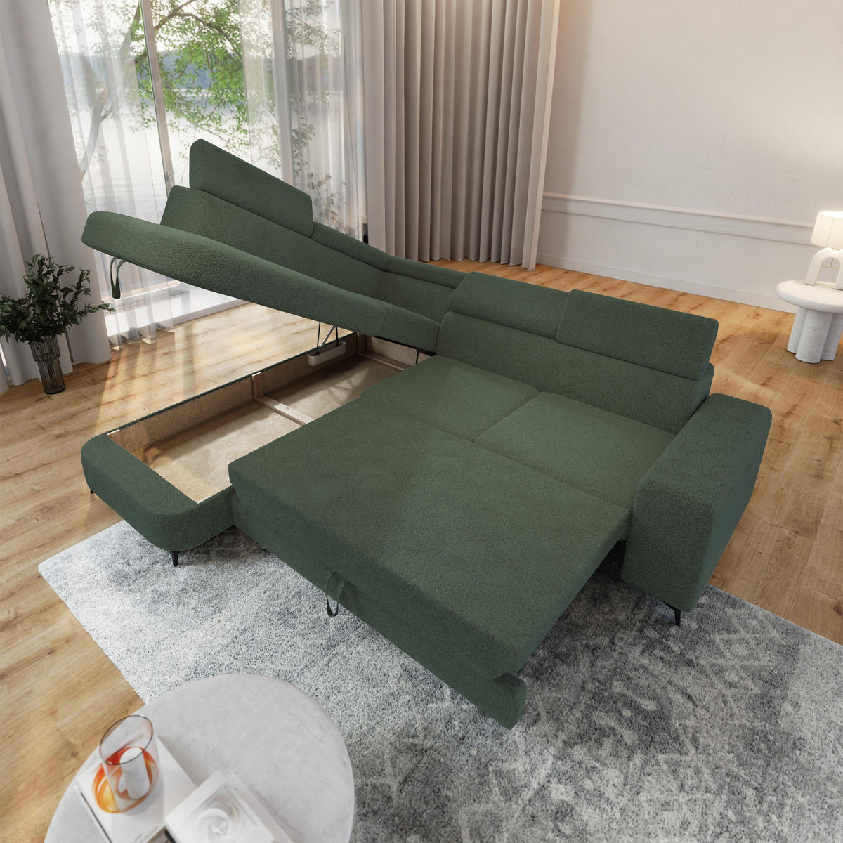 ECKSOFA ALVORO L-S Grün Boucle-Stoff mit Schlaffunktion - Grün, Holz (253/190cm) - MASSENO