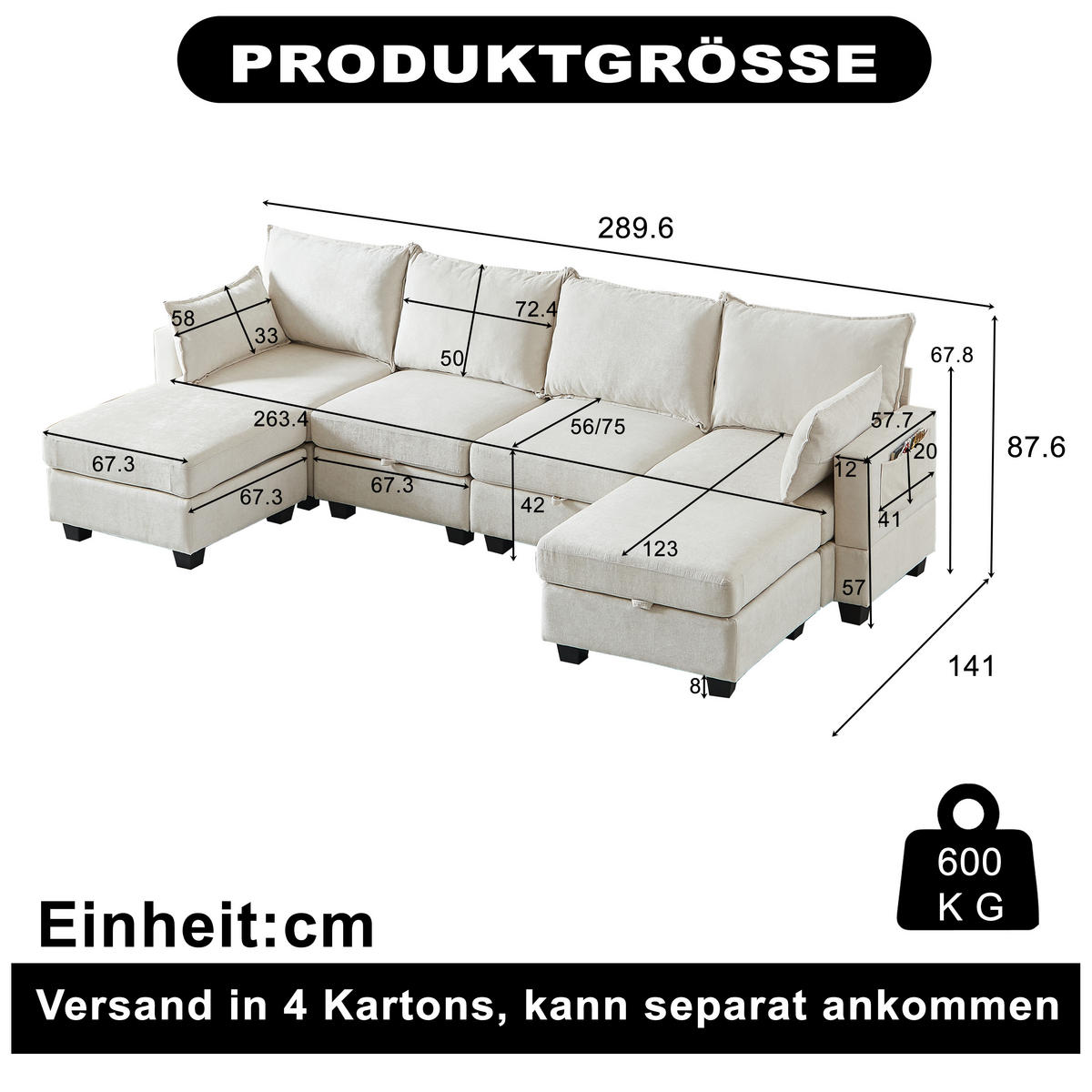 WOHNLANDSCHAFT DE-34550 U-Form mit Stauraum und 6-Sitzer Beige - Beige, Textil (141/87.6/289.6cm) - ComfortXL