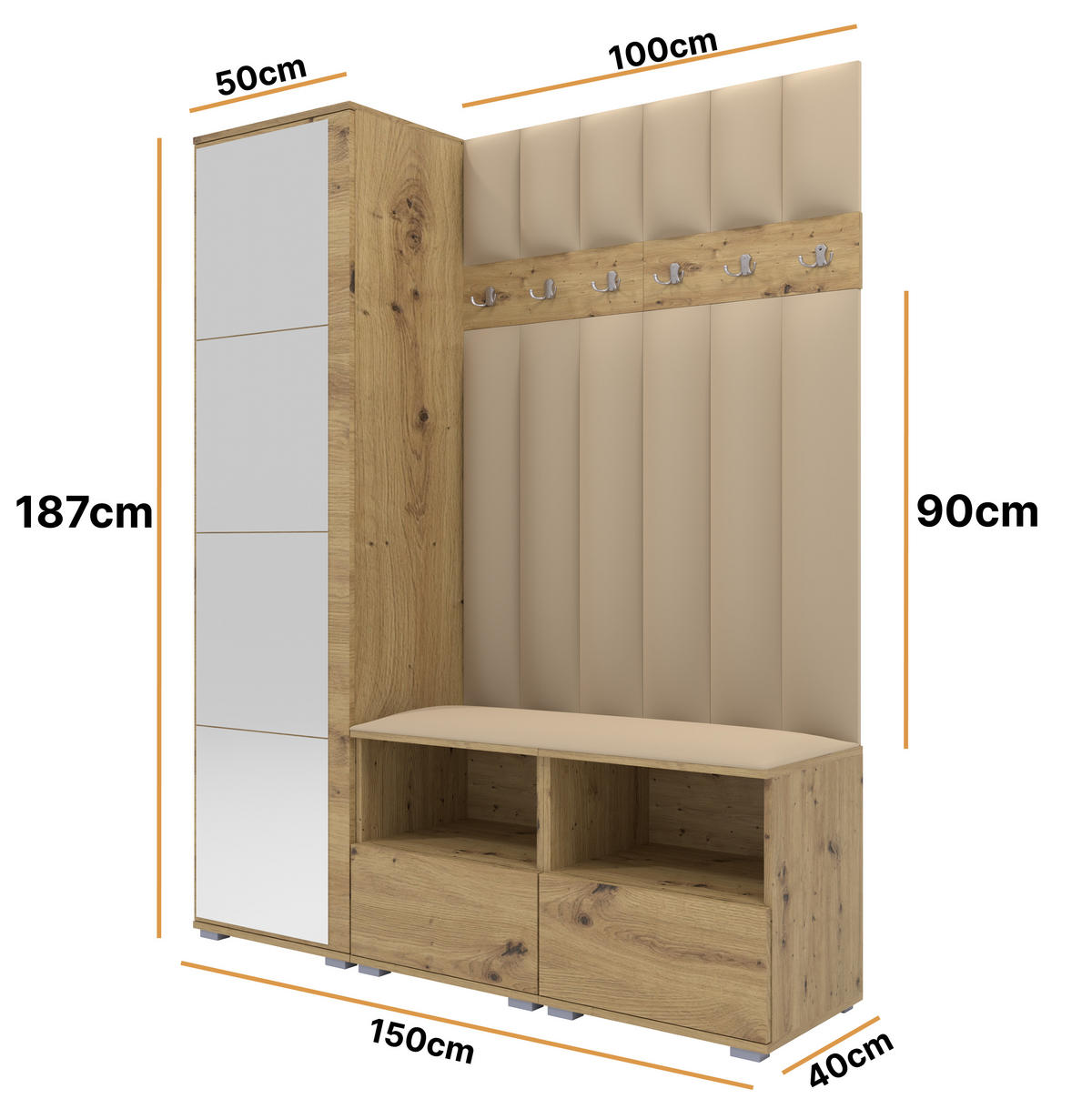 GEPOLSTERT Garderoben-Set Nela II LUX (Spiegel – Farbe Eiche Artisan + Stoff Trinity 04) - Beige/Silberfarben, Holz/Holzwerkstoff (150/187/40cm) - Ravio