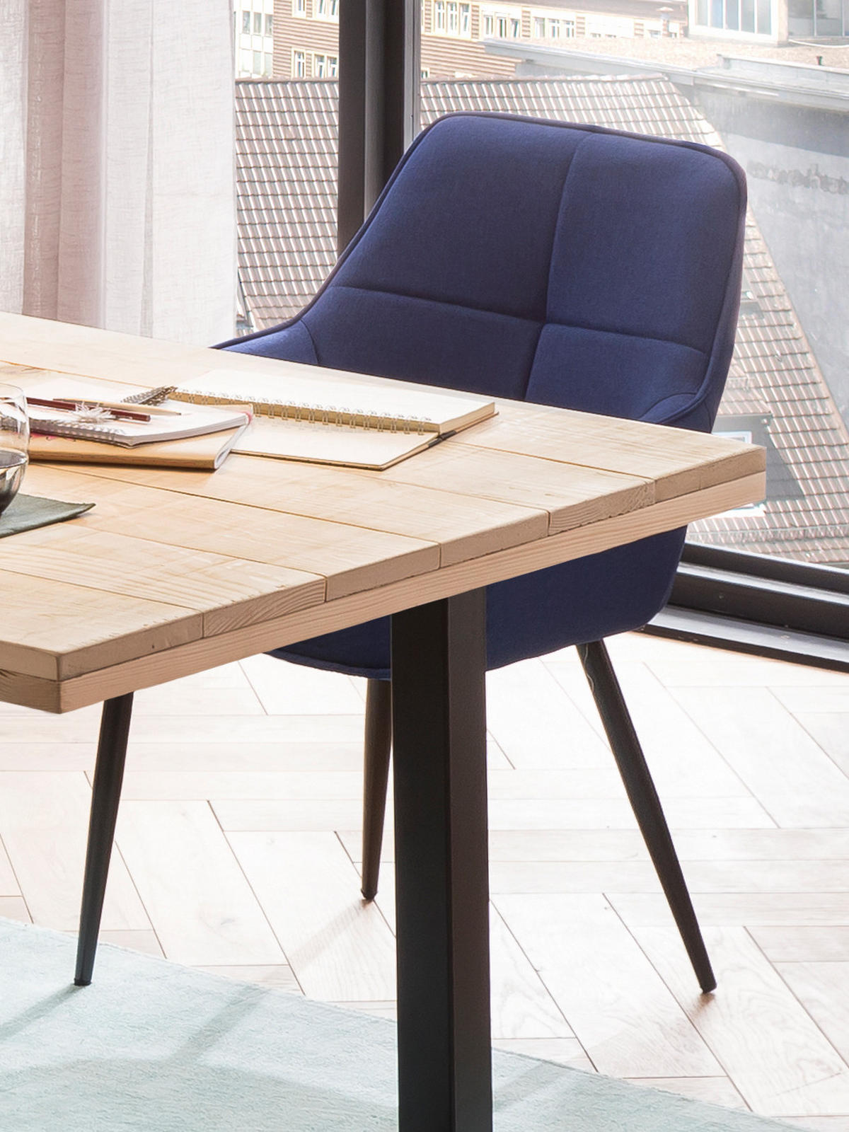 ARMLEHNSTUHL Norah mit blauem Leinen und gestepptem Rücken - Blau, Metall (55/86/46cm) - TPFLiving